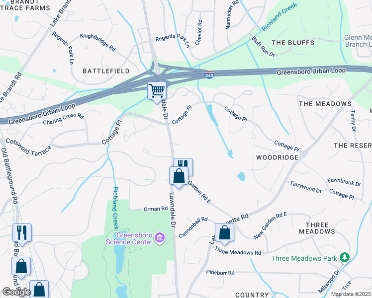 map of restaurants, bars, coffee shops, grocery stores, and more near 4512 Lawndale Drive in Greensboro