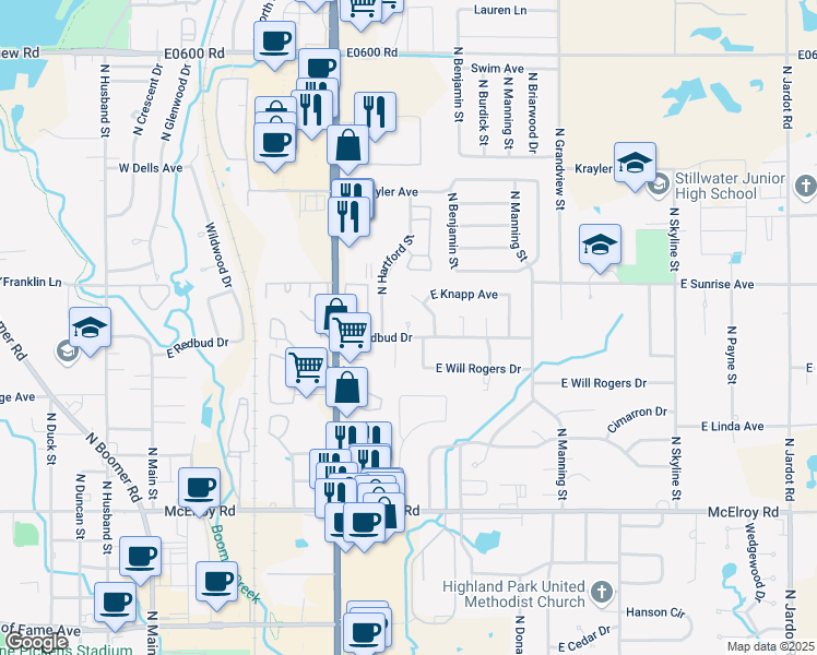 map of restaurants, bars, coffee shops, grocery stores, and more near 716 Redbud Court in Stillwater
