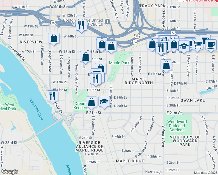 map of restaurants, bars, coffee shops, grocery stores, and more near 129 East 18th Street in Tulsa