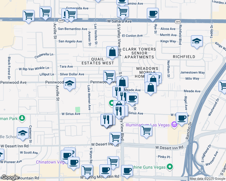 map of restaurants, bars, coffee shops, grocery stores, and more near 3015 South Valley View Boulevard in Las Vegas