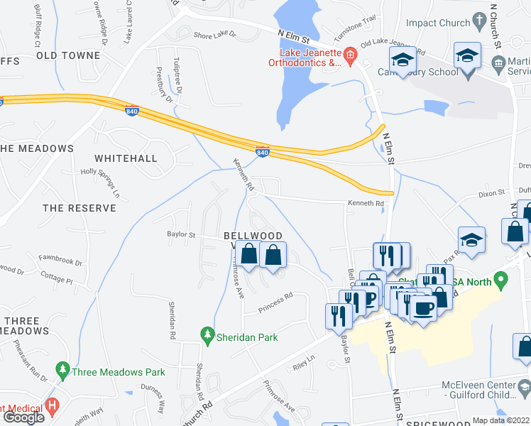 map of restaurants, bars, coffee shops, grocery stores, and more near 72 Nandina Drive in Greensboro