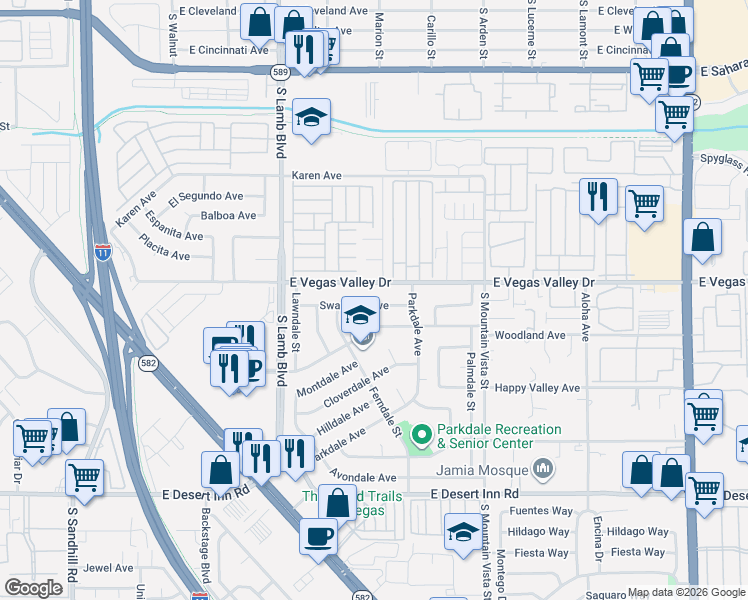 map of restaurants, bars, coffee shops, grocery stores, and more near 4378 Swandale Avenue in Las Vegas