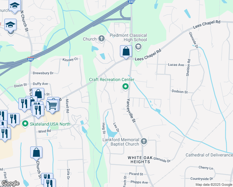 map of restaurants, bars, coffee shops, grocery stores, and more near 233 Heritage Creek Way in Greensboro