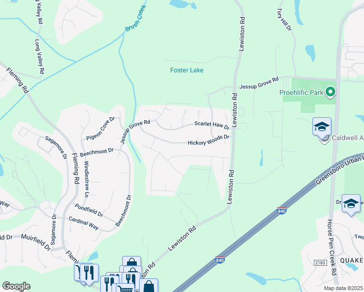 map of restaurants, bars, coffee shops, grocery stores, and more near 4809 Hickory Woods Drive in Greensboro