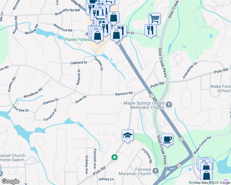 map of restaurants, bars, coffee shops, grocery stores, and more near 223 Ransom Road in Winston-Salem