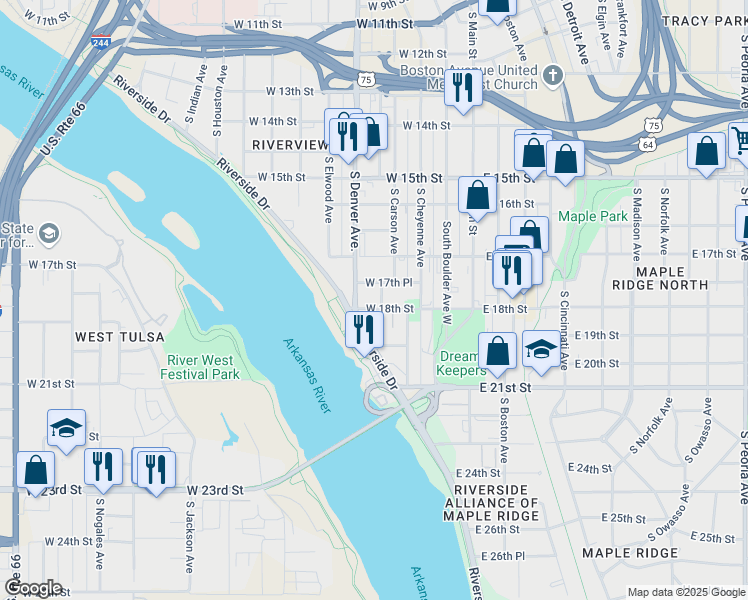 map of restaurants, bars, coffee shops, grocery stores, and more near 235 West 18th Street in Tulsa