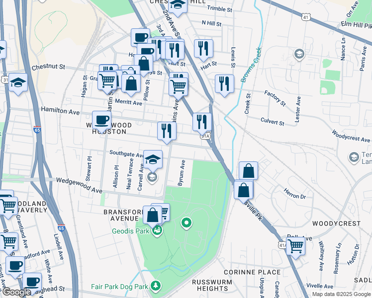 map of restaurants, bars, coffee shops, grocery stores, and more near 417 Moore Avenue in Nashville