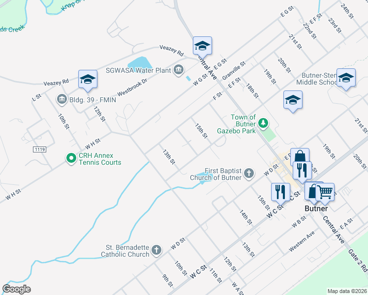 map of restaurants, bars, coffee shops, grocery stores, and more near 603 North 14th Street in Butner
