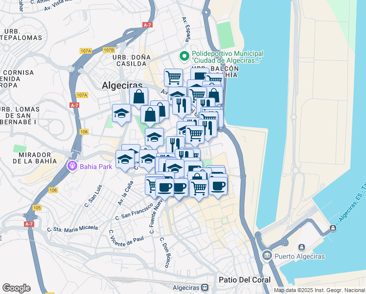 map of restaurants, bars, coffee shops, grocery stores, and more near 25 Avenida Fuerzas Armadas in Algeciras
