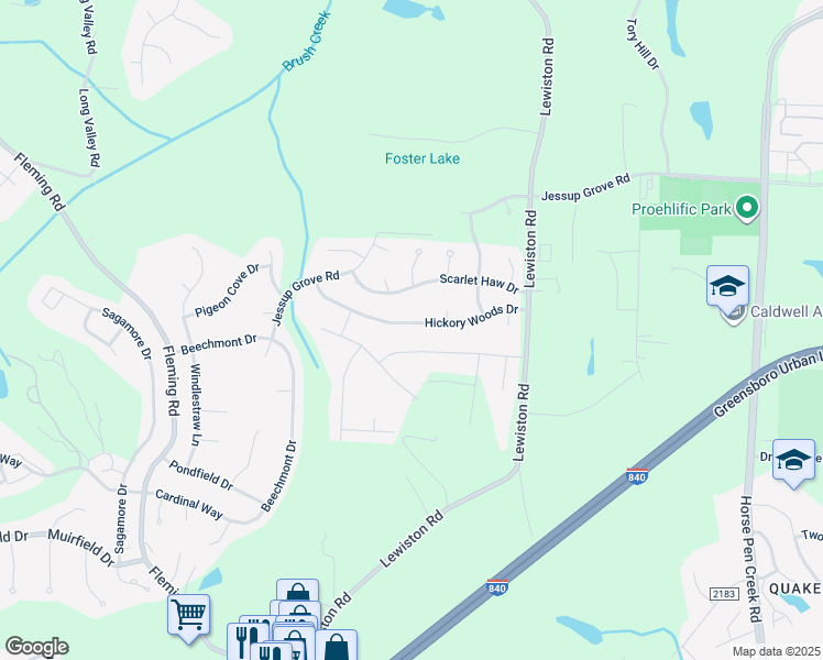 map of restaurants, bars, coffee shops, grocery stores, and more near 4809 Hickory Woods Drive in Greensboro