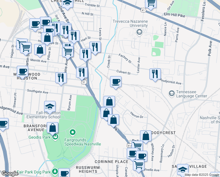 map of restaurants, bars, coffee shops, grocery stores, and more near 400 Herron Drive in Nashville