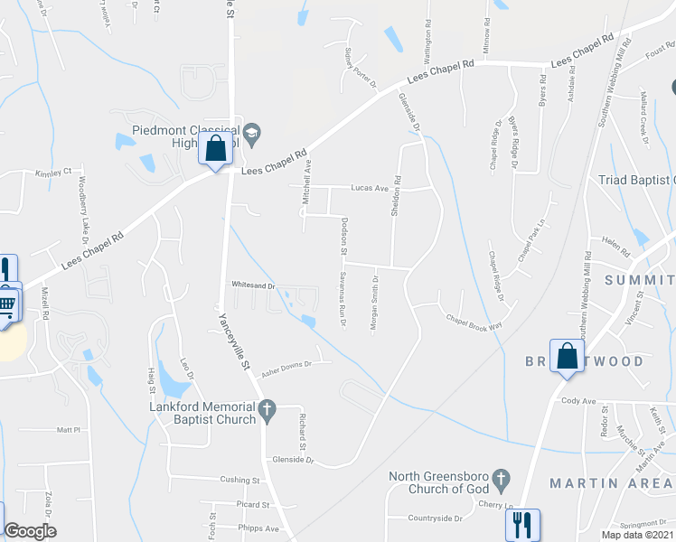 map of restaurants, bars, coffee shops, grocery stores, and more near 1907 Savannas Run Drive in Greensboro