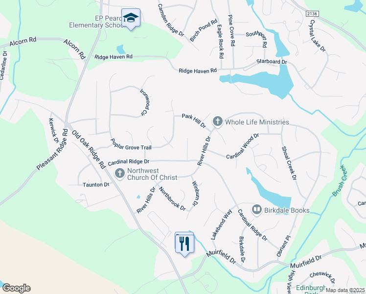 map of restaurants, bars, coffee shops, grocery stores, and more near 3511 River Springs Court in Greensboro