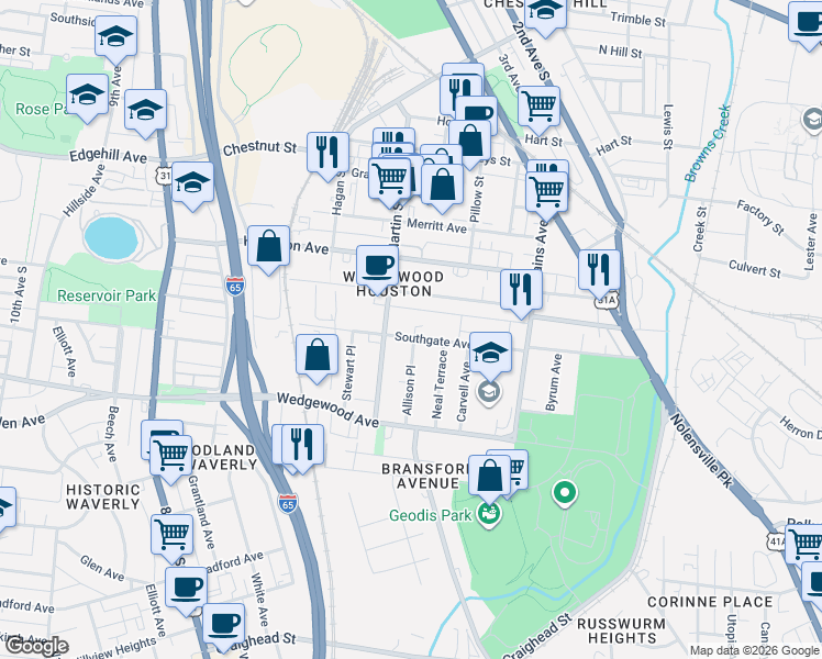 map of restaurants, bars, coffee shops, grocery stores, and more near 600 Southgate Avenue in Nashville