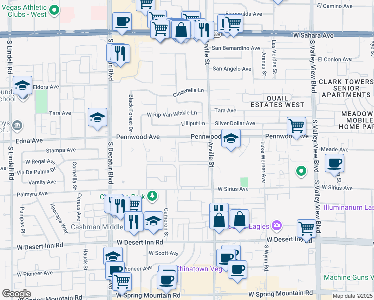 map of restaurants, bars, coffee shops, grocery stores, and more near 4485 Pennwood Avenue in Las Vegas