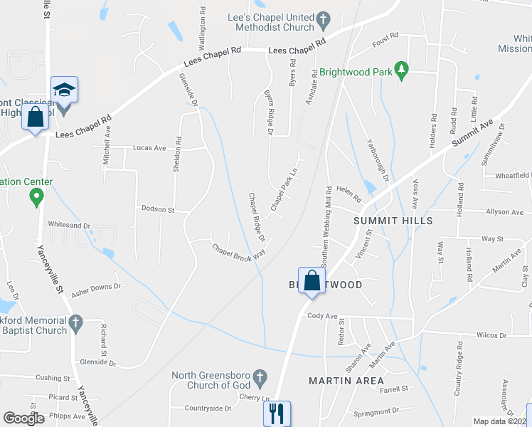 map of restaurants, bars, coffee shops, grocery stores, and more near 2003 Chapel Park Lane in Greensboro