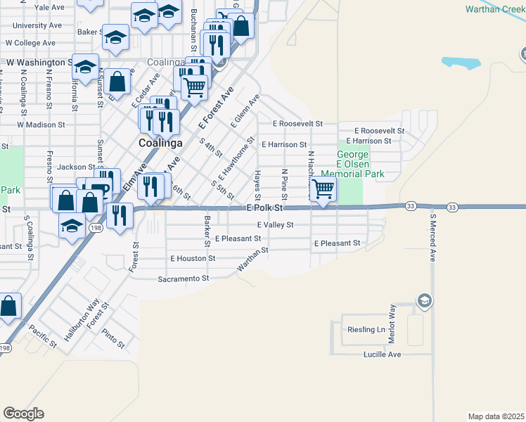 map of restaurants, bars, coffee shops, grocery stores, and more near 498 East Polk Street in Coalinga