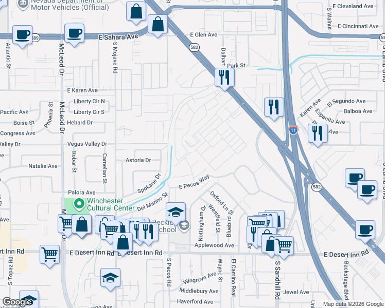 map of restaurants, bars, coffee shops, grocery stores, and more near 156 Elm Drive in Las Vegas
