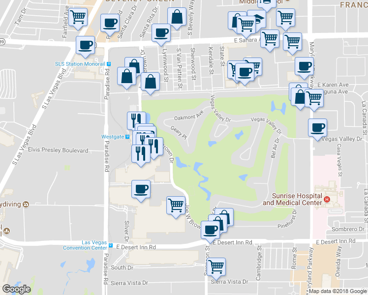 map of restaurants, bars, coffee shops, grocery stores, and more near 2890 Loveland Drive in Las Vegas