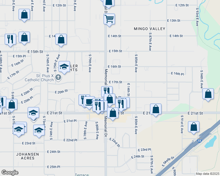 map of restaurants, bars, coffee shops, grocery stores, and more near 1713 South Memorial Drive in Tulsa