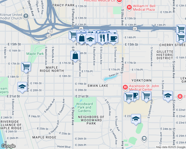 map of restaurants, bars, coffee shops, grocery stores, and more near 1510 East 17th Place in Tulsa
