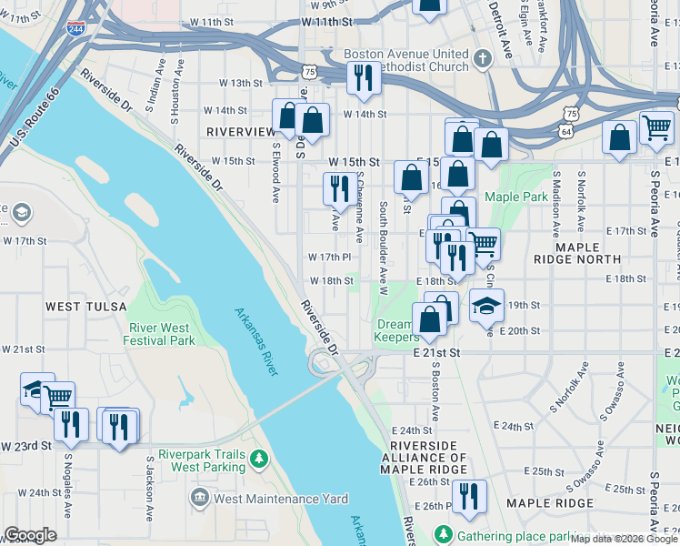 map of restaurants, bars, coffee shops, grocery stores, and more near 1739 South Carson Avenue in Tulsa