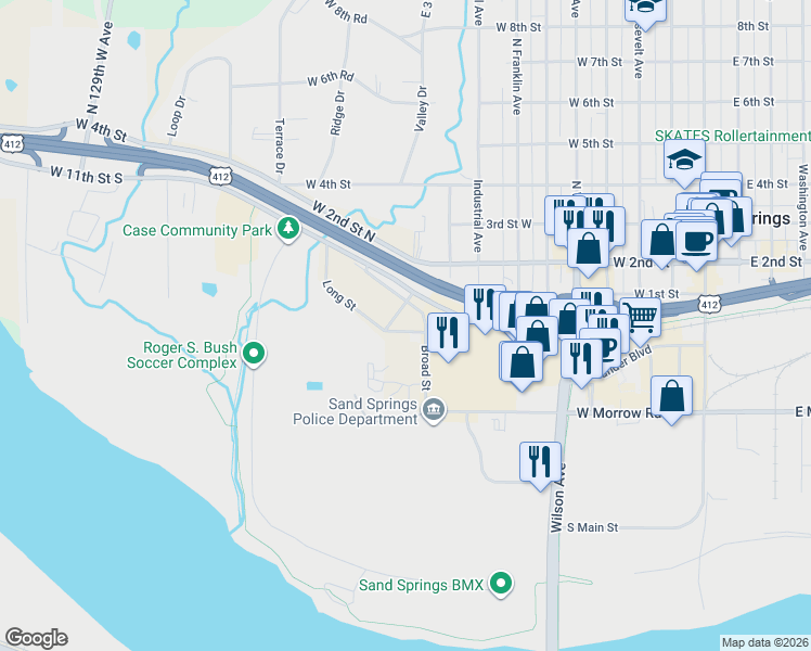 map of restaurants, bars, coffee shops, grocery stores, and more near 200 Broad Street in Sand Springs