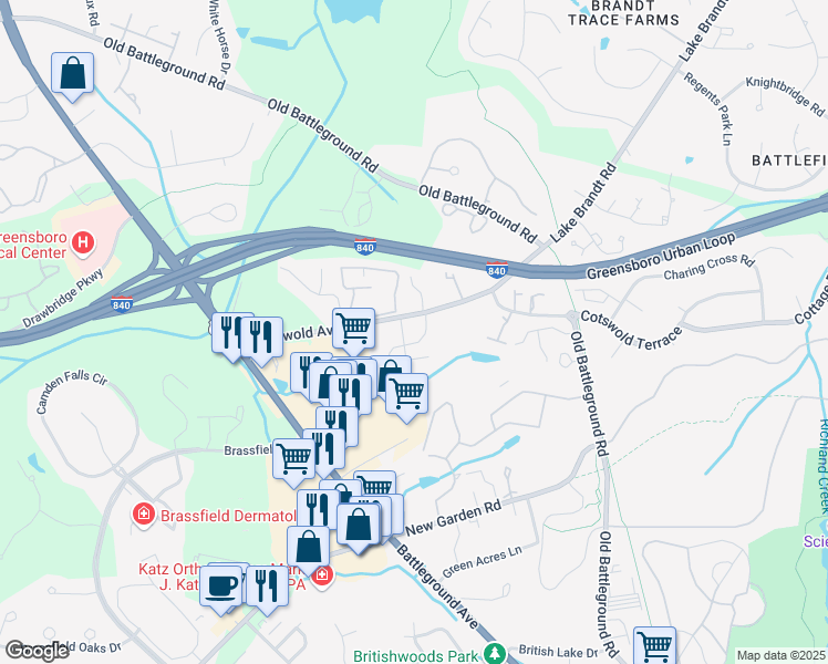 map of restaurants, bars, coffee shops, grocery stores, and more near 3803 Cotswold Avenue in Greensboro