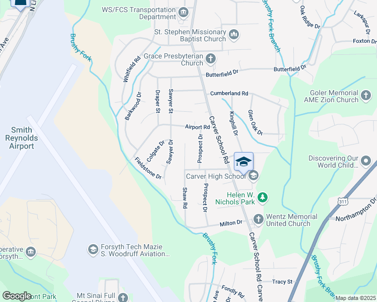 map of restaurants, bars, coffee shops, grocery stores, and more near 3641 Shaw Road in Winston-Salem