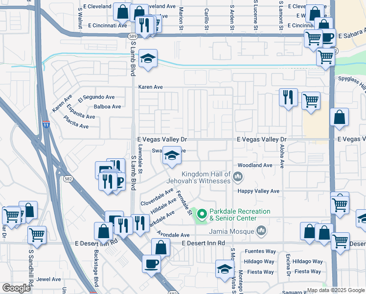 map of restaurants, bars, coffee shops, grocery stores, and more near 4394 Swandale Avenue in Las Vegas