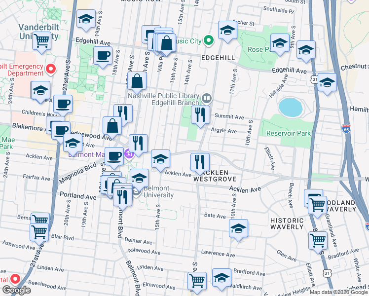 map of restaurants, bars, coffee shops, grocery stores, and more near 1722C 14th Avenue South in Nashville