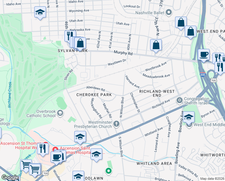 map of restaurants, bars, coffee shops, grocery stores, and more near 4002 Aberdeen Road in Nashville