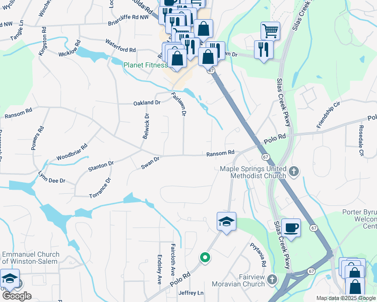 map of restaurants, bars, coffee shops, grocery stores, and more near 341 Ransom Road in Winston-Salem