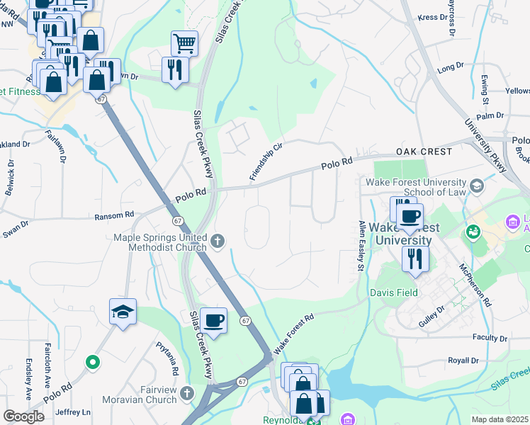 map of restaurants, bars, coffee shops, grocery stores, and more near 274 Crepe Myrtle Circle in Winston-Salem