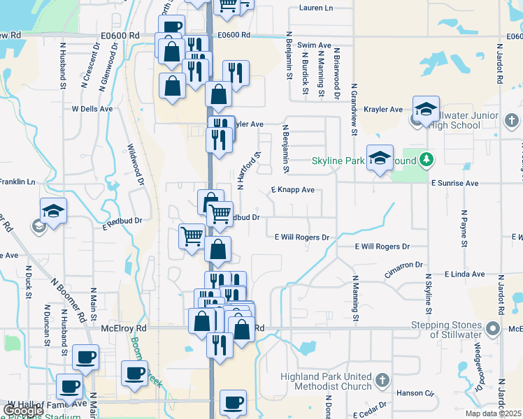 map of restaurants, bars, coffee shops, grocery stores, and more near 718 Redbud Court in Stillwater