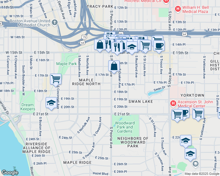 map of restaurants, bars, coffee shops, grocery stores, and more near 1225 East 18th Street in Tulsa