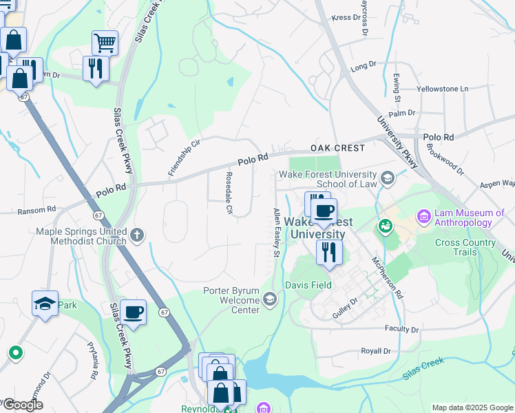 map of restaurants, bars, coffee shops, grocery stores, and more near 129 Rosedale Circle in Winston-Salem