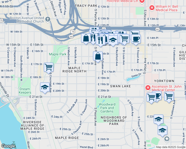 map of restaurants, bars, coffee shops, grocery stores, and more near 1225 East 18th Street in Tulsa
