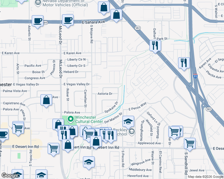 map of restaurants, bars, coffee shops, grocery stores, and more near 3329 Bridgeport Dr in Las Vegas