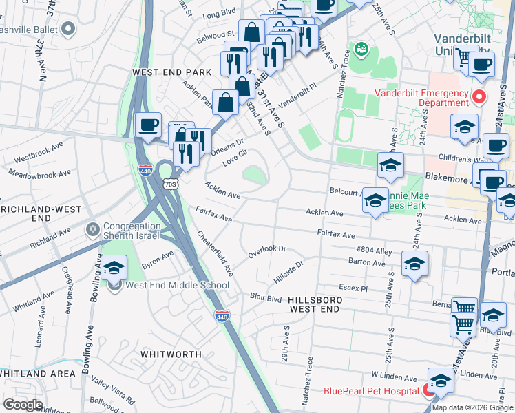 map of restaurants, bars, coffee shops, grocery stores, and more near 3209C Acklen Avenue in Nashville