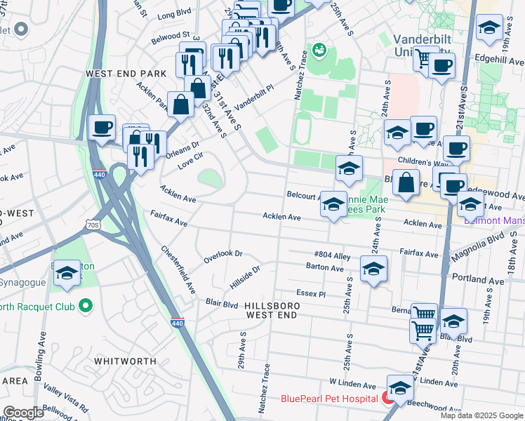 map of restaurants, bars, coffee shops, grocery stores, and more near 2810 Acklen Avenue in Nashville