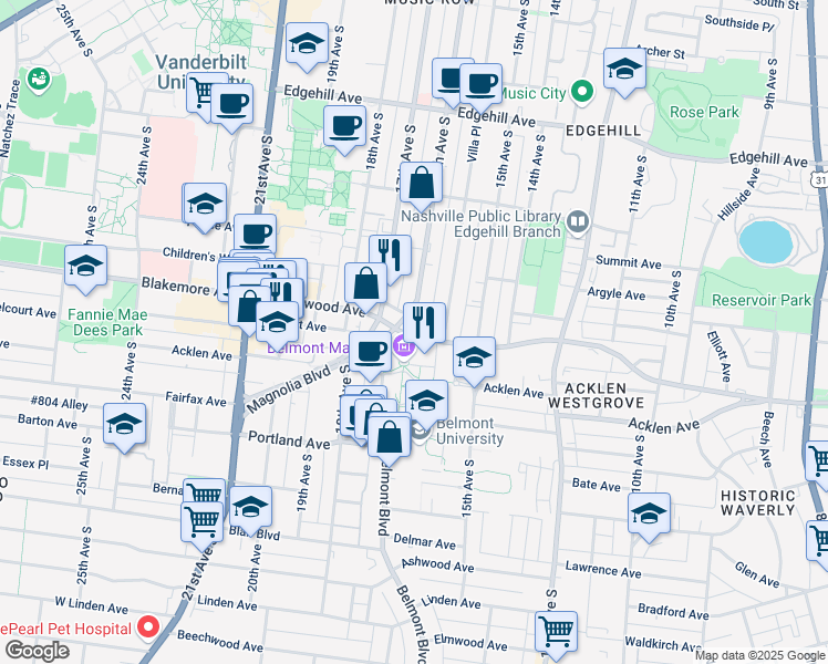 map of restaurants, bars, coffee shops, grocery stores, and more near 1626 Wedgewood Avenue in Nashville