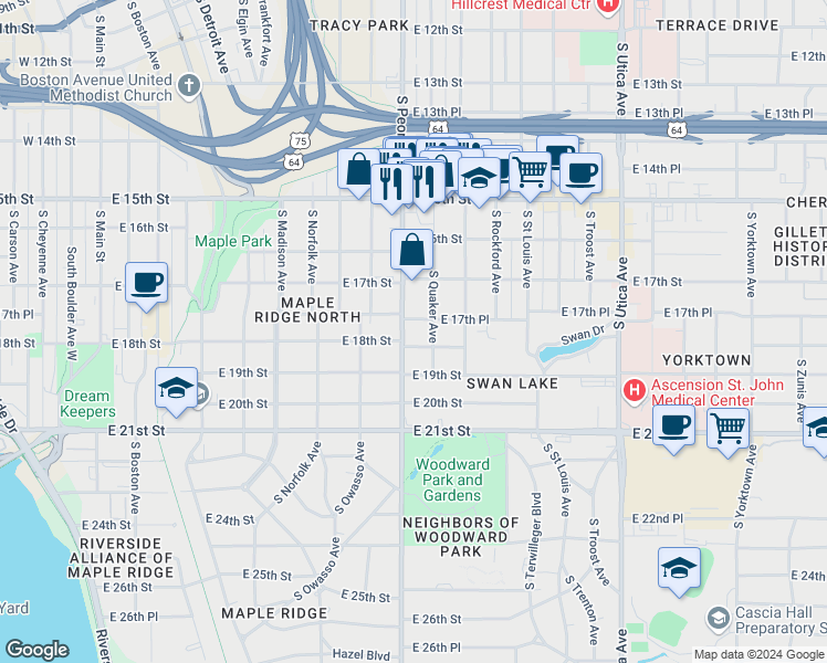 map of restaurants, bars, coffee shops, grocery stores, and more near 1324 East 17th Place in Tulsa