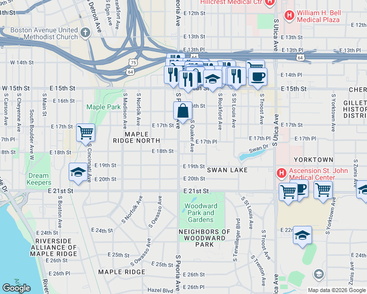map of restaurants, bars, coffee shops, grocery stores, and more near 1739 South Peoria Avenue in Tulsa