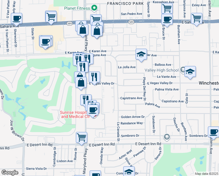 map of restaurants, bars, coffee shops, grocery stores, and more near 1405 East Vegas Valley Drive in Las Vegas