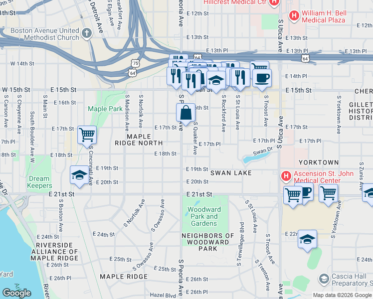 map of restaurants, bars, coffee shops, grocery stores, and more near 1324 East 17th Place in Tulsa