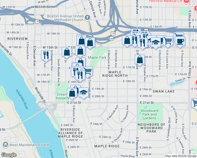 map of restaurants, bars, coffee shops, grocery stores, and more near 231 E 18th St in Tulsa