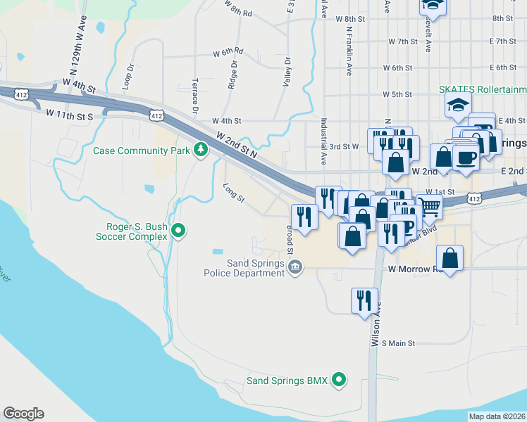 map of restaurants, bars, coffee shops, grocery stores, and more near 820 East 23rd Street in Sand Springs