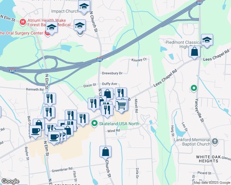 map of restaurants, bars, coffee shops, grocery stores, and more near 109 Millikin Street in Greensboro