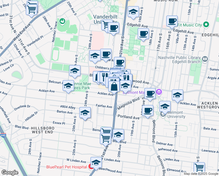 map of restaurants, bars, coffee shops, grocery stores, and more near 2113 Belcourt Ave in Nashville